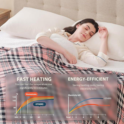 Homemate Electric Blanket Heated Twin Size - 62“x84“ Ultra Soft Cozy Flannel Heating Blanket with 10 Fast Heat Levels 8 Hours Auto Off Over-Heated Protection ETL Certification Keep Warm in Home