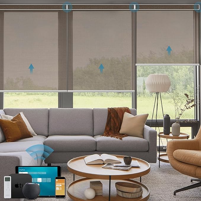 Motorized Blinds Compatible with Alexa,Google Asssitant,Homekit Over Thead,5% Openness Solar Shades for Window, Smart Shades with Remote, APP/Voice Control,Custom Size,Aventus Chocolate