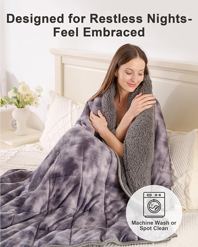 Ultra-Soft Weighted Blanket 15 lbs for Adults, Plush Sherpa Fleece Reversible Weighted Throw Comfort for Relaxation & Cozy Evenings, Hug-Like Security, Evenly Distributed, W60 x L80, Tie-Grey