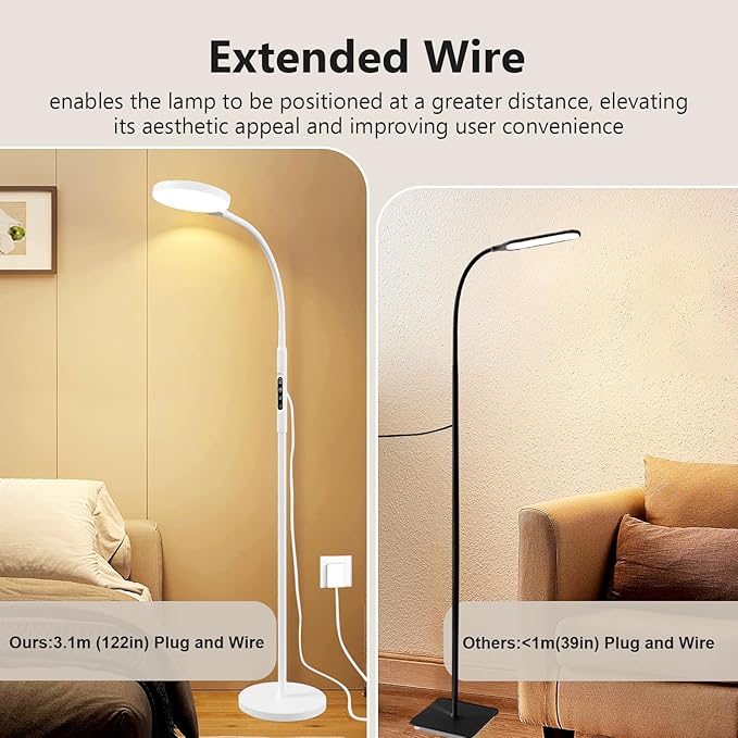Daylight Floor & Desk Lamp – 11,000 Lux UV-Free Full Spectrum Light, 5 Color Temperatures & 10 Brightness Levels, 360° Adjustable Gooseneck Lamp for Home Office, Bedroom & Reading (White)