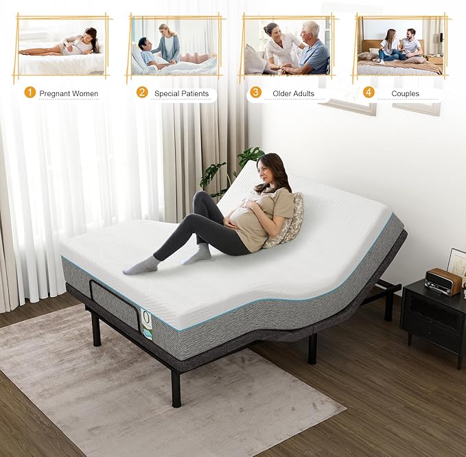 MUUEGM Adjustable Bed Base Frame, Ergonomic Electric Bed Bases with Wireless Remote Control and Head-Pillow-tilt, USB A&C, Massage, Zero Gravity, Anti-Snore, Queen