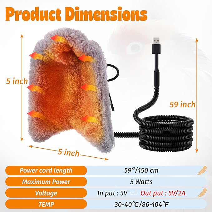 Dreyoo Snuggle Up Bird Cage Heater for Parrot and Small Birds,5V Low Voltage Heated Bird Perch with Constant Temperature Control & Anti Bite Line, Cozy Corner Warmer Blanket Cage Accessory (5.5"×5")