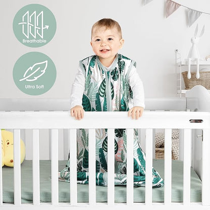 3 Pack Baby Sleep Sack 6-12 Months 100% Rayon Cotton Baby Sleeping Bag 2-Way Zipper Toddler Wearable Blankets Comfy Stretchy TOG 0.3 Lightweight（Banana&leaf&green）
