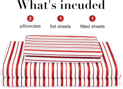 Best Season Burgundy Red Striped Sheets Set Full Size 4 Piece - Super Soft, Easy Care & Breathable Red and White Pinstripe Bed Sheet Set with 16-Inch Deep Pockets, Great Gift for Christmas & Birthday