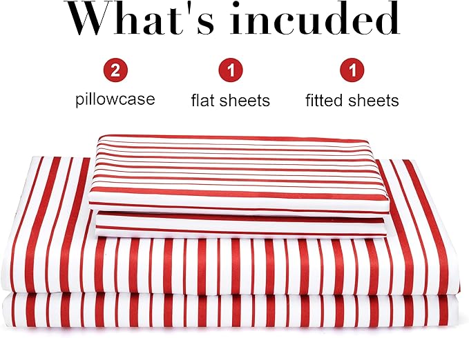 Burgundy Red Striped Sheets Set Queen Size 4 Piece - Super Soft, Easy Care & Breathable Red and White Pinstripe Bed Sheet Set with 16-Inch Deep Pockets, Great Gift for Christmas & Birthday