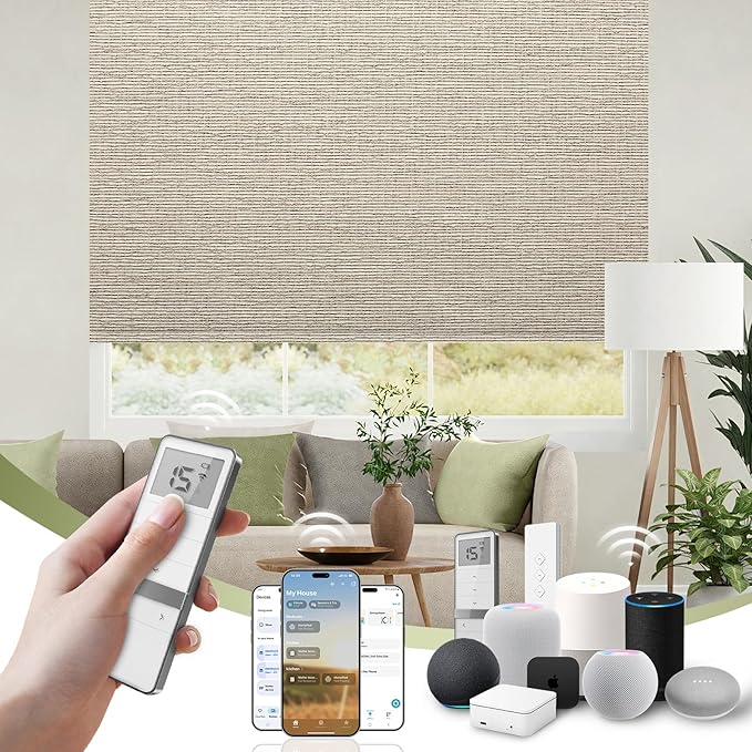 FineTell Motorized Blinds with Remote, 100% Blackout Roller Shades Compatible with Alexa,Apple Homekit,Google Home APP and Voice Control, Customized Electric Blinds (100% Blackout Classic Sandy)
