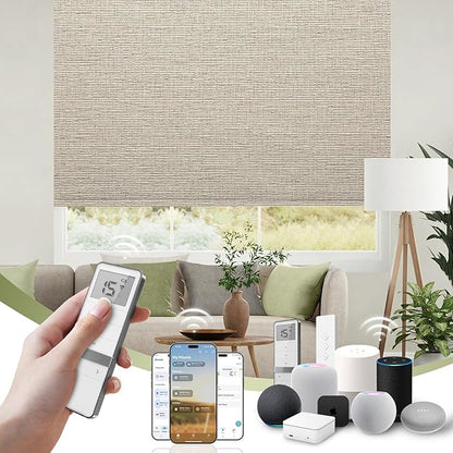 FineTell Motorized Blinds with Remote, 100% Blackout Roller Shades Compatible with Alexa,Apple Homekit,Google Home APP and Voice Control, Customized Electric Blinds (100% Blackout Classic Sandy)