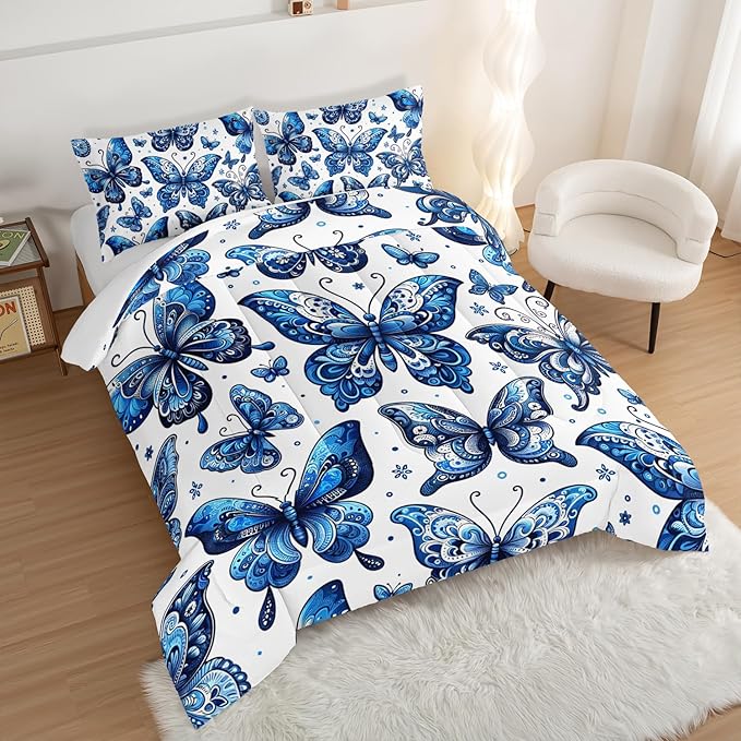 Blue Butterfly Comforter Bedding Set Queen Size,Bohemian Style Blue Series Bedding for Kids Girls Boys,Insect Themed Children's Bedding Soft Fluffy Comforter Sets with 2 Pillowcases.