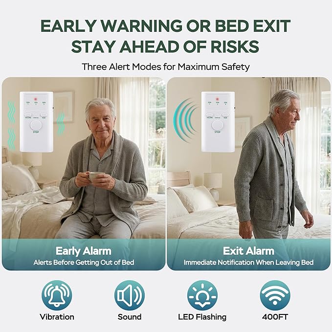 Early Alert Bed Alarm for Elderly - On/Under-Mattress Sensor Pad & Pager with Dual Alert Modes(Bedside Alarm & Bed Exit Alarm)Larger, Wider, and with Higher Accuracy for Elderly and Dementia Patients