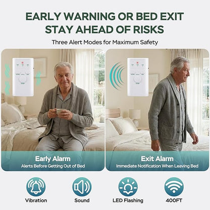 Early Alert Bed Alarm for Elderly - On/Under-Mattress Sensor Pad & Pager with Dual Alert Modes(Bedside Alarm & Bed Exit Alarm)Larger, Wider, and with Higher Accuracy for Elderly and Dementia Patients