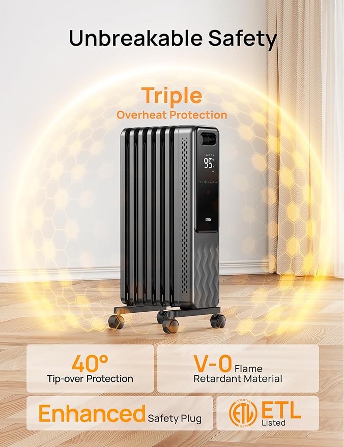 DREO Oil Filled Radiator, Electric Radiant Heaters for indoor use Large Room with Remote Control, Child Lock, 4 Modes, Overheat & Tip-Over Protection, 24h Timer, Digital Thermostat, Quiet, 1500W