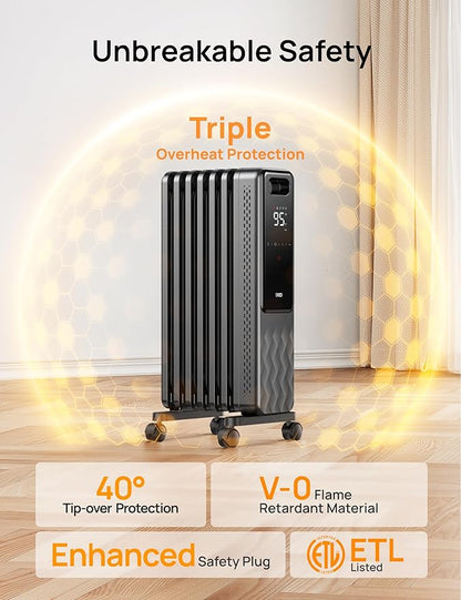 DREO Oil Filled Radiator, Electric Radiant Heaters for indoor use Large Room with Remote Control, Child Lock, 4 Modes, Overheat & Tip-Over Protection, 24h Timer, Digital Thermostat, Quiet, 1500W