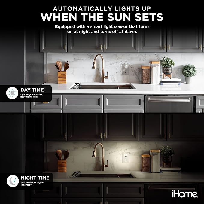 iHome Plug-in LED Night Lights 4-Pack, Dusk-to-Dawn Sensor, 3000K Warm Glow, Energy Saving, Great for Bedrooms, Hallways, Closets, Stairs, Kids’ Rooms (4-Pack White Lights)