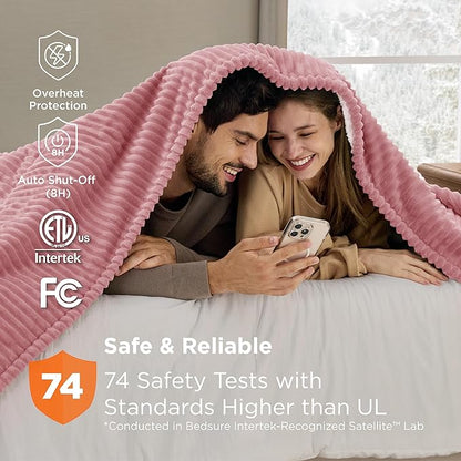Bedsure GentleSoft Electric Blanket King Size - Soft Ribbed Flannel Heated Blanket with Dual Control, Heating with 10 Heat Settings, 10 Time Settings, 8 hrs Timer Auto Shut Off (90"x100", Pink)