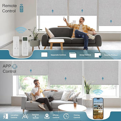 Motorized Roller Shade, 100% Blackout Smart Window Blinds Work with Homekit, Alexa, Google Home, Remote Control, Electric Blinds with USB/Solar Pannel Charging, Texture Smoke