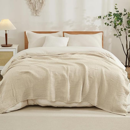 EMME Cotton Blanket King Size for Bed Soft Muslin Blankets 108"x90" Light Tan Lightweight Breathable Layering Bedspread Coverlet All Season Gauze