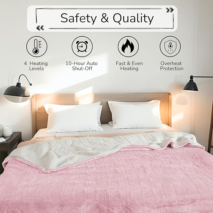 Electric Heated Blanket Queen Size 84"x90" - Dual-Sided with Microplush & Sherpa Fabric, 4 Heat Settings & 10 Hours Auto Off, Dual Controller, Machine Washable - Light Pink