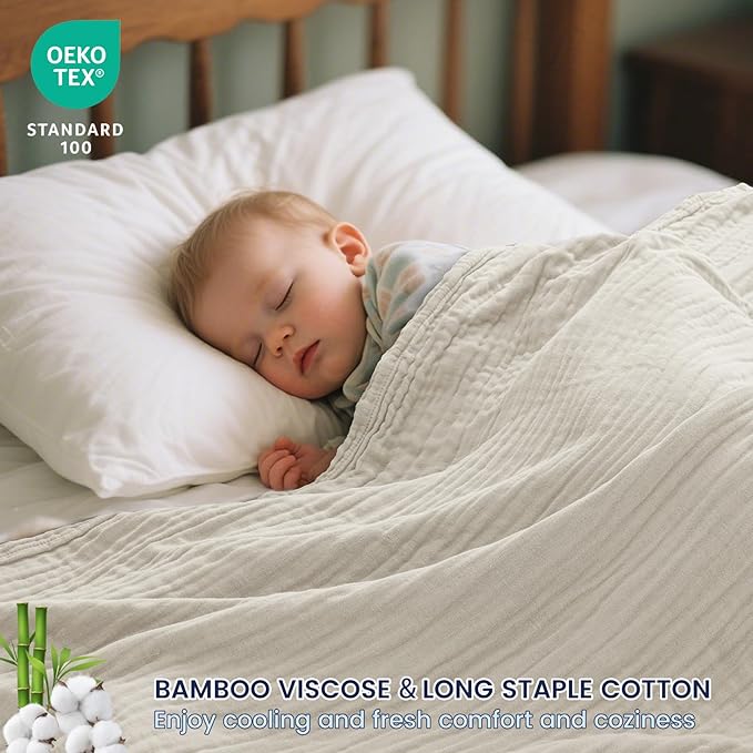 PHF Cooling Muslin Throw Blanket for Hot Sleepers, 60% Viscose from Bamboo, 40% Cotton and 4-Layer Breathable Gauze Blanket for Bed Couch, 50"x60", Oat Milk