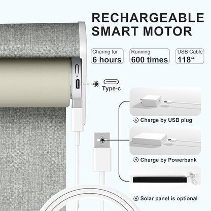 BERISSA Motorized Blinds with Remote,Blackout Smart Roller Shades with App,Voice Control,Linen Fabric,Thermal Insulated Automatic Blinds,Electric Shades with USB/Solar Pannel.Linen Grey