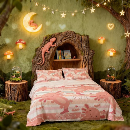 Cute Axolotl Sheet Set Twin Size,Kids Girls Cartoon Animals Bed Sheet Set 3pcs(Deep Pocket Fitted Sheet + Flat Sheet + 1 Pillowcase) Rainbow Stripes Romantic Bedding Set,Cute Christmas Bedroom Decor