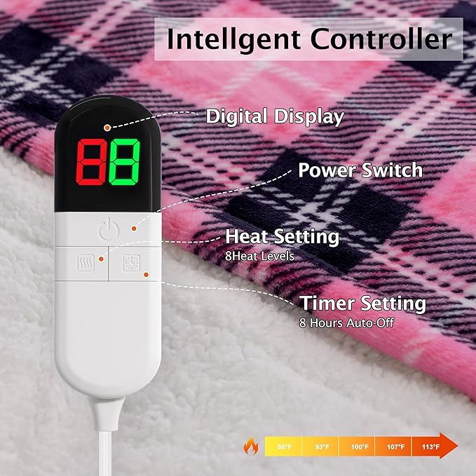 Electric Heated Blanket 84"x90",Fast Heating Queen with 8 Hours Auto Off/8 Heats Levels, Soft Pink Plaid Sherpa Electric Blanket with ETL Certification & Over-Heat Protection