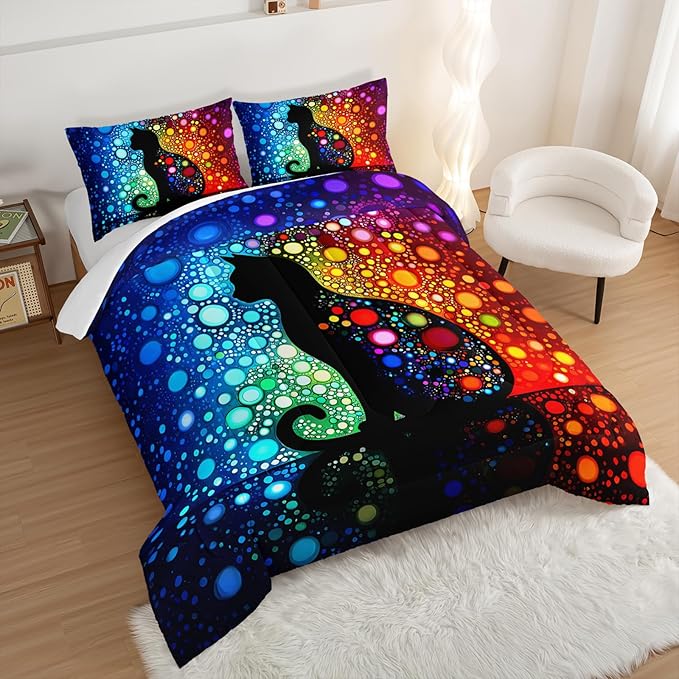 Black Cats Comforter Queen Bedding Sets for Girls,Colorful Abstract Dots Bed Set for Kids Boys Teens Toddler Room Decor,Bohemian Style Art Aesthetics Comforter Sets with 2 Pillowcases.