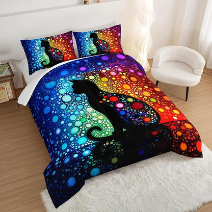 Black Cats Comforter Queen Bedding Sets for Girls,Colorful Abstract Dots Bed Set for Kids Boys Teens Toddler Room Decor,Bohemian Style Art Aesthetics Comforter Sets with 2 Pillowcases.