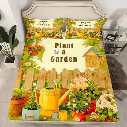 Plant a Garden Kids Sheet Full Size,Gardening Gardener Bedding Set,Boys Girls Room Decor,Potted Plants Flowers Butterfly Rustic Green Beige Bed Sheet Set 4pcs(Fitted + Flat + 2 Pillowcases)