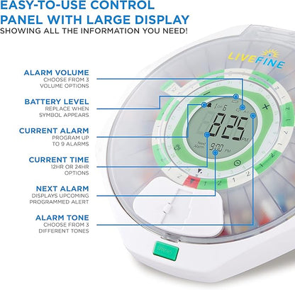 Live Fine 28-Day Automatic Pill Dispenser Frosted Lid with Upgraded LCD Display and Key Lock, Sound & Light for Prescriptions, Medication, Vitamins, Supplements & More