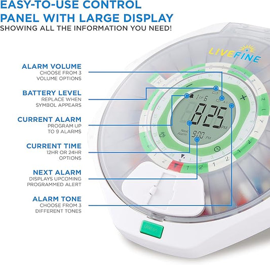 Live Fine 28-Day Automatic Pill Dispenser Frosted Lid with Upgraded LCD Display and Key Lock, Sound & Light for Prescriptions, Medication, Vitamins, Supplements & More