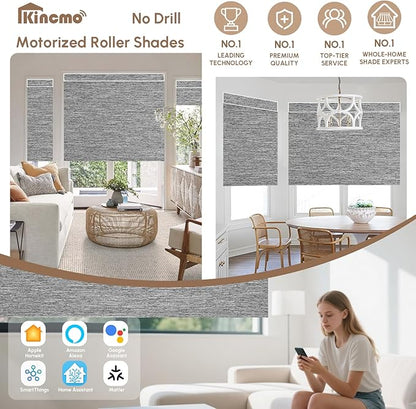 Kincmo No Drill Motorized Blinds with Remote, 100% Blackout Roller Shades for Windows, Custom Electric Blinds Compatible with Alexa, Apple Homekit, Google Home (100% Blackout Dreamy Dark Grey)