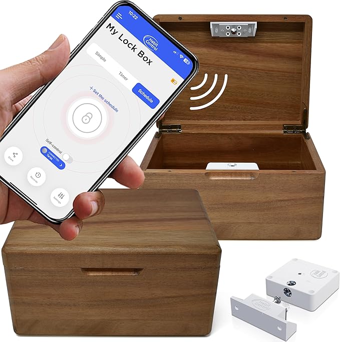 Lock Box with Timer - App Small Timed Lockbox Self Control, Schedule and Simple Lock, Time Release Safe Locking Container for Snacks, Candy, Cookie, Medication, Electronic Devices Kids
