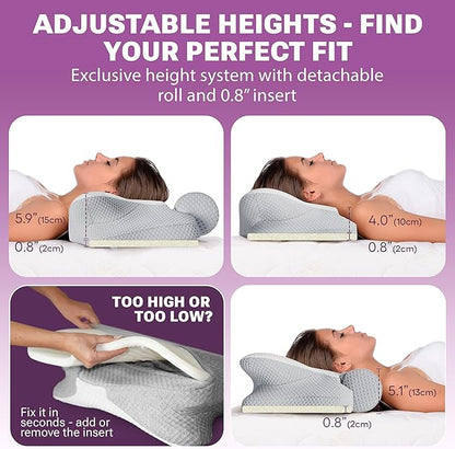 Cervical Neck Pillow for Sleeping, Dreamers Relief Pillow, Side Sleeper Pillow for Adults, Adjustable Height Memory Foam Pillow and Detachable Roll, Back & Stomach Sleeping Neck Pain Relief (White)