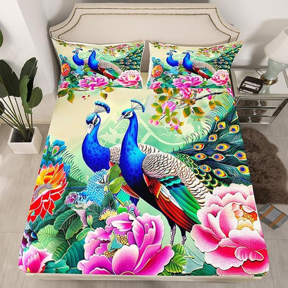 Manfei Peacock Sheet Twin,Elegant Gorgeous Blue Feather Bedding for Teens Girls Woman Room Decor,Pink Flower Animal Theme Bed Sheet Set 3pcs with Deep Pocket Fitted Sheet + Flat Sheet + 1 Pillowcase