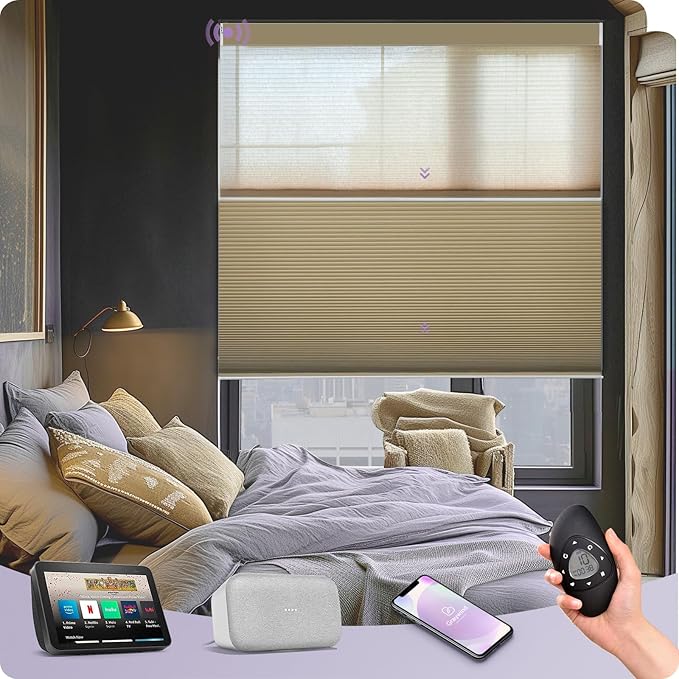 Graywind Motorized Day Night Cellular Shades with Remote, Smart Honeycomb Blinds Compatible with Alexa & Google Home, Custom Size Blackout/Privacy for Bedroom, Living Room & Home Office, Coffee
