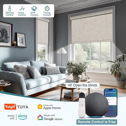BERISSA Motorized Blinds with Remote,Blackout Smart Roller Shades with App,Voice Control,Linen Fabric,Thermal Insulated Automatic Blinds,Electric Shades with USB/Solar Pannel.Linen Beige White