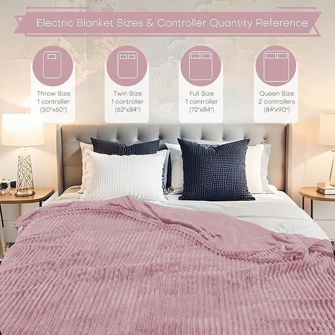 Electric Heated Blanket Full Size 72"x84" with Cozy Flannel, 6 Heat Settings & 10 Hours Auto Off, Soft & Cozy Warming Throw for Home, Office, or Bed, Machine Washable, Pink