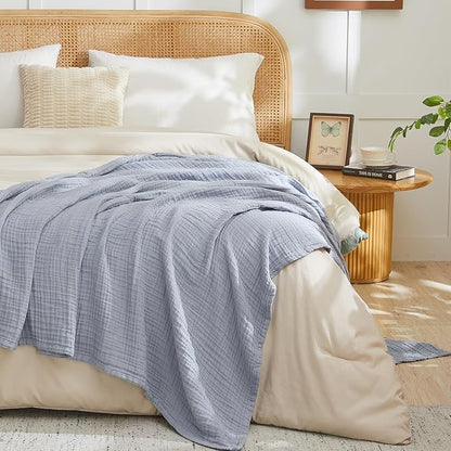 EMME Cotton Muslin King Blanket Big Oversized Bed Layering Bedspread Coverlet Breathable Gauze Soft Lightweight Blankets (Dusty Blue, 120"x94")