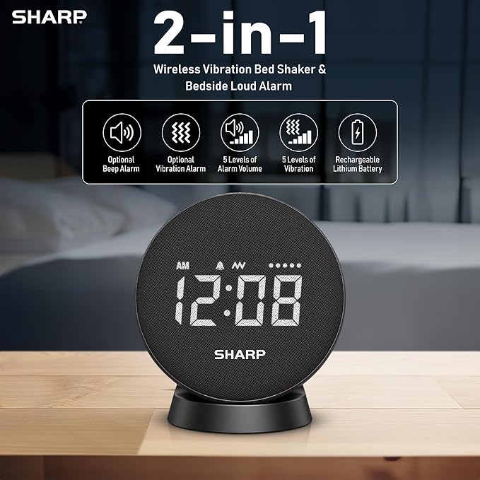 Sharp Vibrating Alarm Clock for Heavy Sleepers – Super Loud Bed Shaker Under Pillow, 29-Hr Rechargeable Battery, 3 Modes, 5 Vibration & 5 Volume Levels, 6-Step Dimmer, Cordless Travel Alarm
