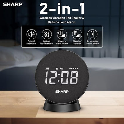 Sharp Vibrating Alarm Clock for Heavy Sleepers – Super Loud Bed Shaker Under Pillow, 29-Hr Rechargeable Battery, 3 Modes, 5 Vibration & 5 Volume Levels, 6-Step Dimmer, Cordless Travel Alarm