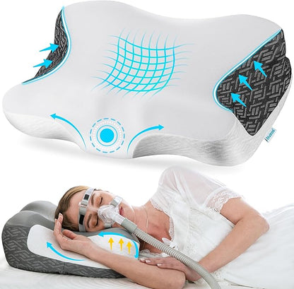 Elviros Cervical Neck Pillow for Neck Pain Relief, CPAP Pillow for Side, Back & Stomach Sleepers, Ergonomic Orthopedic Pillow for CPAP Users to Reduce Air Leaks and Mask Pressure, White