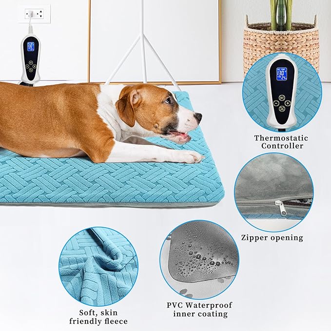 Dog Heating Pad 47x30 in, Pet Heating Pad for Dog Cat, Smart Thermostat Switch, Whelping Box Mats, Heated Dog Bed Mats with Chew Resistant Cord, Soft Blue Stripe Plush Cloth Cover