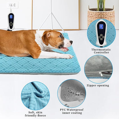 Dog Heating Pad 47x30 in, Pet Heating Pad for Dog Cat, Smart Thermostat Switch, Whelping Box Mats, Heated Dog Bed Mats with Chew Resistant Cord, Soft Blue Stripe Plush Cloth Cover