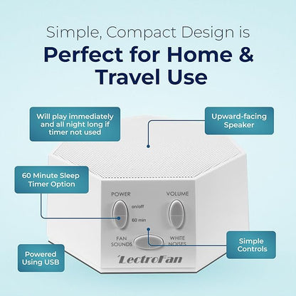 Adaptive Sound Technologies LectroFan Classic White Noise Machine - Compact Sleep Sound Machine for Bedroom, Travel, Study & More - 20 Non-Looping Fan & White Noise Variations
