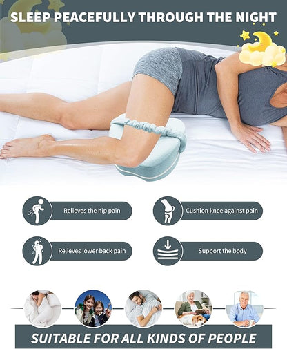 SPRING SEAON Knee Support Pillow for Side Sleepers – Deep Contour Memory Foam Leg Pillow with Adjustable Strap for Sciatica, Hip, Back & Knee Pain Relief – Breathable, Washable Cover, Blue