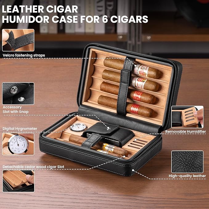 Cigar Humidor, Leather Cedar Wood Cigar Case with Multi-Functional，Hygrometer,Humidifier, Portable Cigar humidor,Carry Strap,Travel humidor Cigar Box, Cigar Gift for Man.