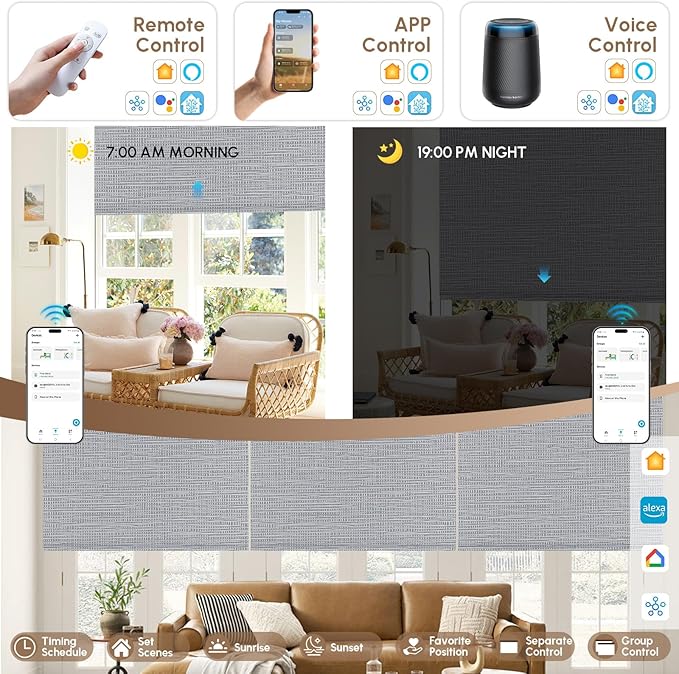Kincmo No Drill Motorized Blinds with Remote, 100% Blackout Roller Shades for Windows, Custom Electric Blinds Compatible with Alexa, Apple Homekit, Google Home (100% Blackout Weave Grey)