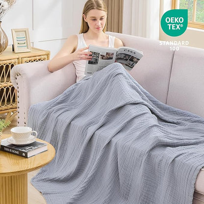 EMME Cotton Muslin Queen Blanket Bed Layering Breathable Gauze Blanket Soft Lightweight Blankets Adults (Dusty Blue, 90"x90")