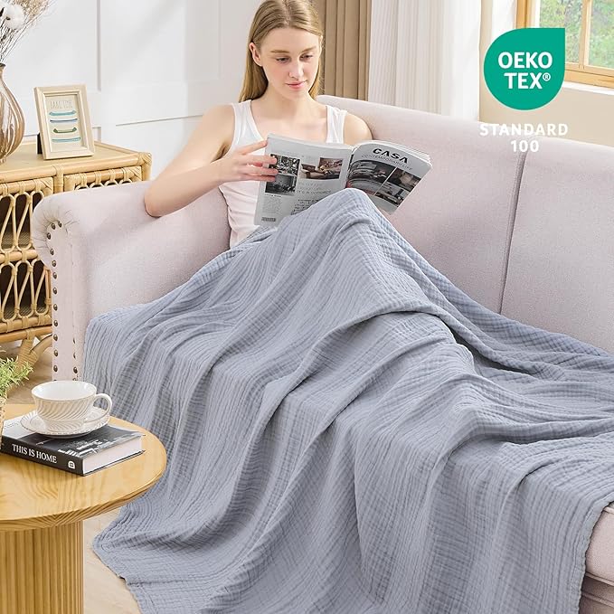 EMME Cotton Muslin King Blanket Bed Layering Breathable Gauze Blanket Soft Lightweight Blankets Adults (Dusty Blue, 108"x90")