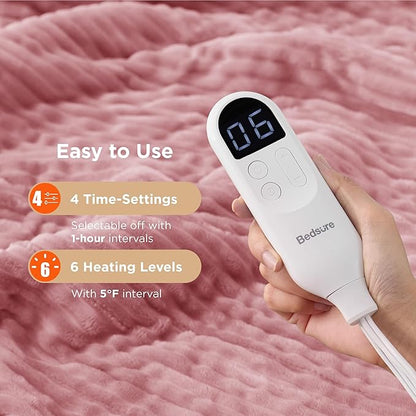 Bedsure GentleSoft Heated Blanket Electric Throw - Soft Ribbed Flannel Electric Blanket, Heating with 4 Time Settings, 6 Heat Settings, and 3 hrs Timer Auto Shut Off (50x60 inches, Pink)